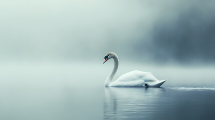 Fototapeta premium A swan gliding gracefully across a foggy lake. Bliss - Beach. Illustration
