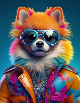 Simp&aacute;tica cara de perro raza Pomerania con gafas estilo g&aacute;nster tropical muy colorido 