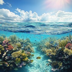Vibrant coral reef teeming with colorful fish under a sunny sky.