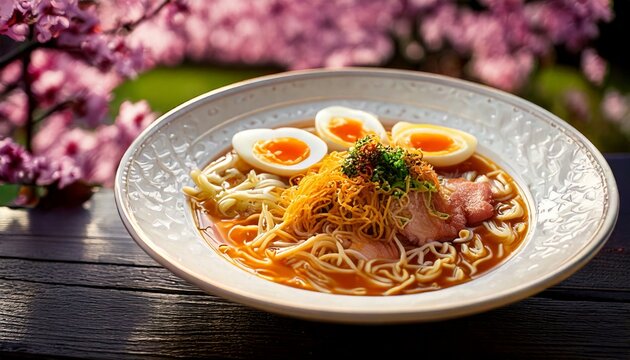 Ramen con cerezos al fondo o Yakisoba