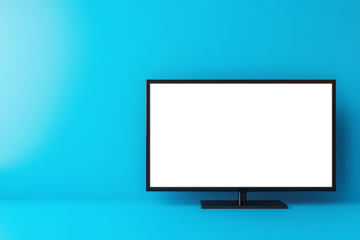 Modern Smart TV with a Clear PNG Display on a Blue Background, Perfect for Personalized Branding.
