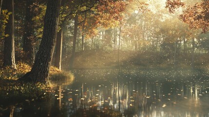Fototapeta premium Misty autumn forest lake at sunrise.