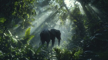 Naklejka premium Majestic elephant silhouetted in sunlit rainforest.