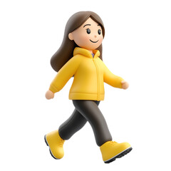 Cheerful Woman in Yellow Jacket Walking with Enthusiasm