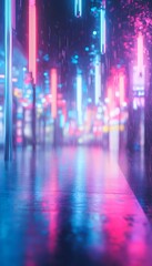 Fototapeta premium Rain falls on a neon lit street at nighttime creating reflections