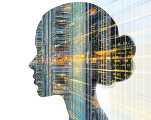 Woman's profile merging with data center