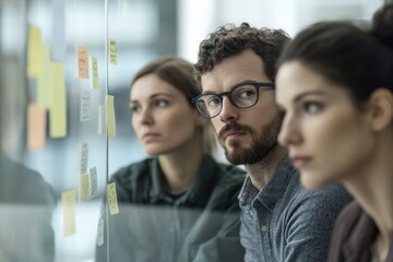 Fototapeta premium Professionals Engaged in Brainstorming Session at Modern Workspace