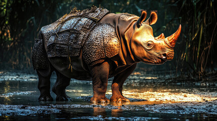 Fototapeta premium A majestic rhinoceros standing in a serene wetland, surrounded by lush greenery and soft light