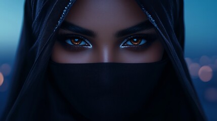Naklejka premium Portrait of an Arab woman wearing a traditional black veil. Brown-eyed Arab woman wearing jewelry in an atmosphere of oriental charm.