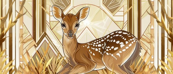 Art deco inspired fawn design. Geometric patterns and clean lines in a gold and cream palette. Fawn has a photographic quality.