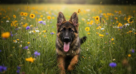 Happy German Shepherd Puppy in Flower-Filled Field
