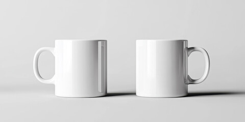 Two white mugs with handles on a neutral background, suitable for design and advertising, emphasizing simplicity and versatility. Concept