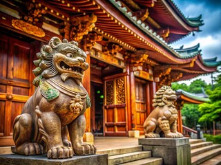 Macro Detail: Japanese Temple Entrance with Guardian Lion Statues