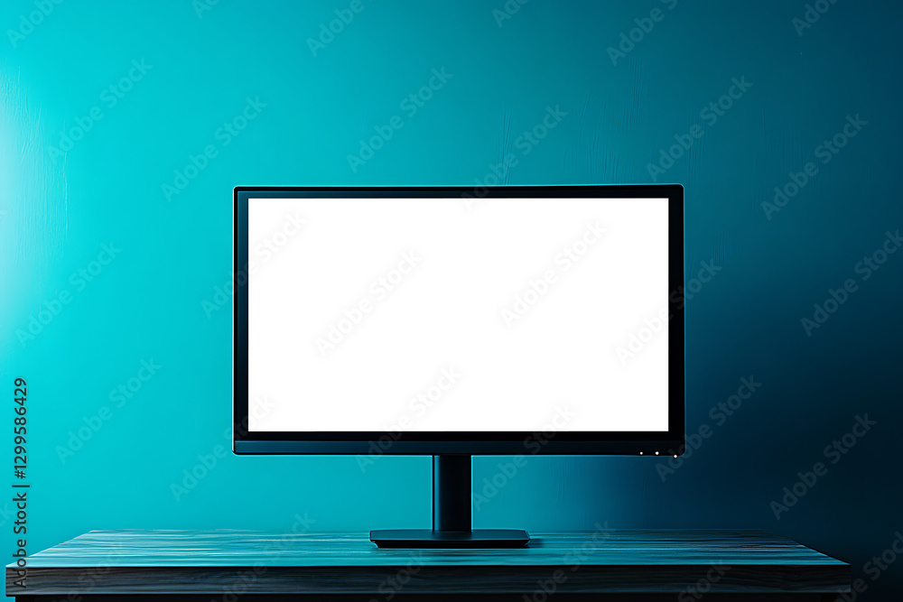 Poster a sleek gaming monitor with a png screen for personalized use on a deep teal background with a large