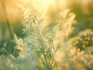 Artemisia's silver-green texture gleams in golden hour light, a cartoon field gently blurs behind watermark.