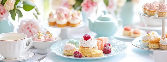 Obraz premium english tea afternoon high party food british cake champagne drink. cream english tea afternoon luxury sandwich hotel sweet dessert london table scone snack cup coffee jam earl restaurant ritz grey