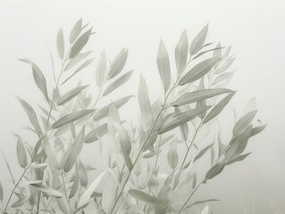 Foggy morning light bathes artemisia leaves swaying. Soft silver-gray foliage creates an ambient calm. Atmospheric scene cartoon, watermark.