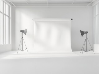 Empty photo studio with backdrop and lights