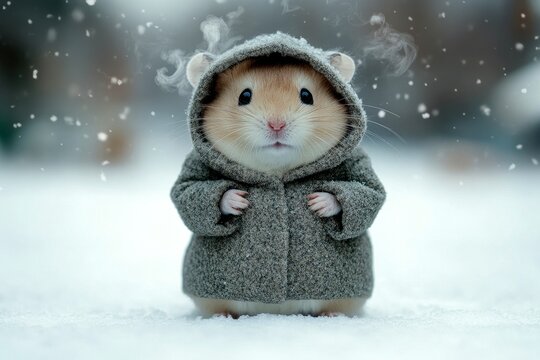 Social digital ads - animal care. Sad cute adult animal hamster in winter warm clothes, icy air from nose and mouth in cold atmosphere. Problem of animal suffering. Zoo wildlife tours.