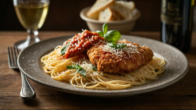 Chicken Parmesan, Italian pasta dish. Breaded chicken breast with cheese and spaghetti with tomato sauce, with parsley.