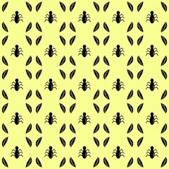 Seamless pattern of ants and leaves. Silloutte of ants and leaves seamless pattern