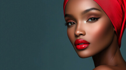 a beautiful African American model. Woman with red headscarf and bright red lipstick. Studio lighting accents the contours of her face. A flawless complexion