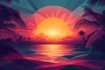 Naklejka premium Vibrant Sunset Over Tropical Seaside Landscape with Palm Trees and Ocean