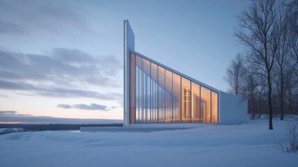 Fototapeta premium Modern minimalist chapel in snowy landscape at dawn.