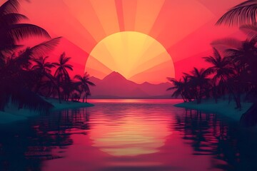 Breathtaking Tropical Sunset Over Tranquil Ocean and Palm Trees on Island Getaway