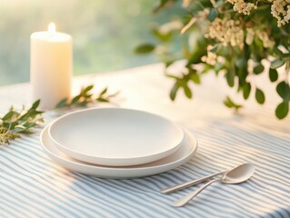 table setting with candle and flowers in soft light