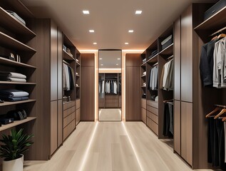 Modern luxury walk-in closet with wooden shelves, stylish clothing, soft lighting, and an elegant mirror, representing organization, fashion, and interior design inspiration