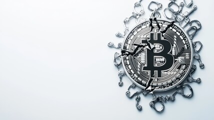 A cracked Bitcoin surrounded by chains symbolizes challenges in cryptocurrency and security.