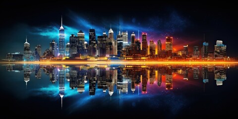 Night city skyline reflected on water for travel, business, real estate