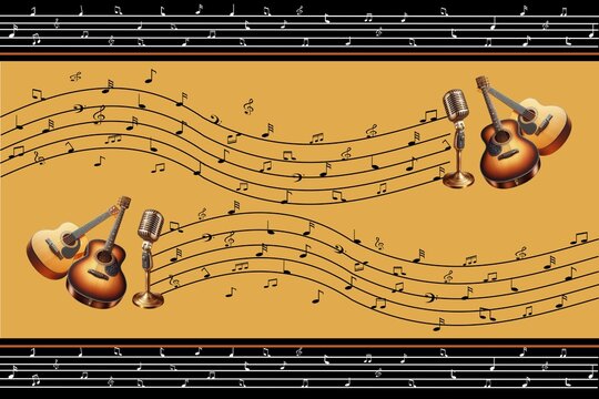 Ilustra&ccedil;&atilde;o de notas musicais com instrumento viol&atilde;o e um com microfone estilo vintage