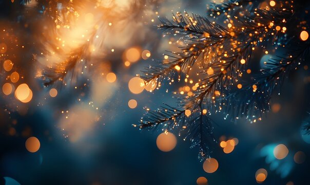 fond lumineux abstrait avec des bokeh dor&eacute;s et bleus dans l'obscurit&eacute;, repr&eacute;sentant la magie et l'illumination effets lumineux. - No&euml;l, f&ecirc;tes de fin d'ann&eacute;e d&eacute;cembre janvier,
