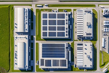 Top view of a modern industrial data center or multiple buildings covered in solar panels