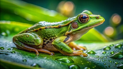 Fototapeta premium Macro Photography: Vibrant Green Frog on Lush Leaf - Detailed Texture