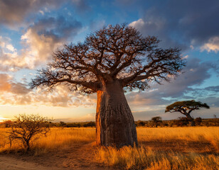 Naklejka premium A majestic baobab tree stands tall in the golden African savanna under a dramatic sunset sky.