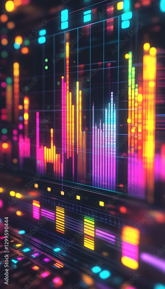 Poster illuminated colorful digital data bars on a dark electronic display