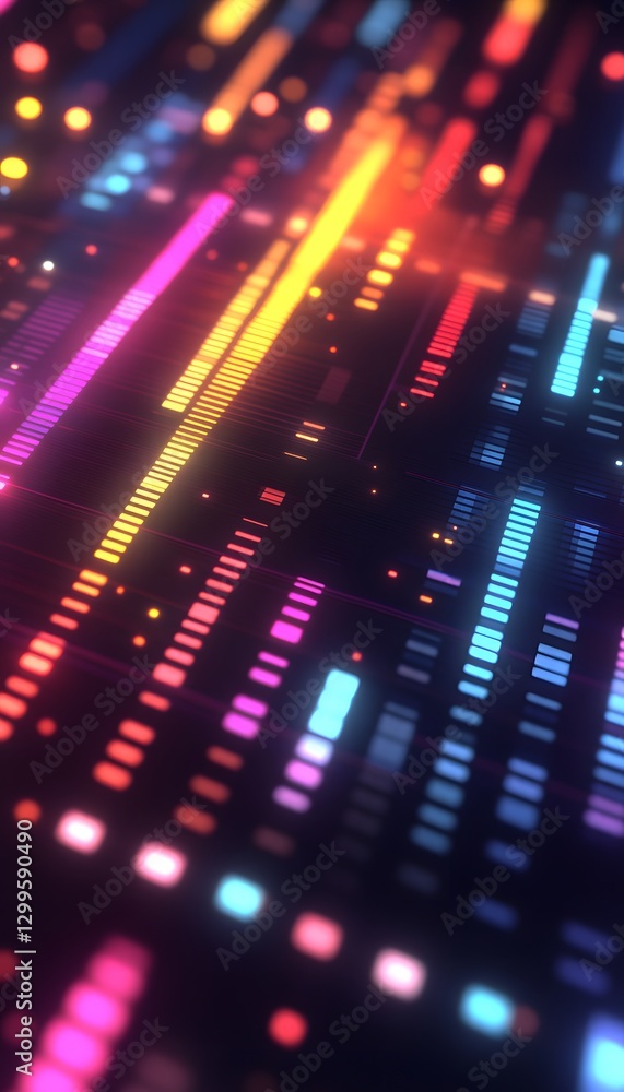 Poster abstract glowing data visualization depicts colorful vertical lines and shapes