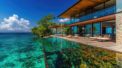 Obraz premium Modern beachfront villa with infinity pool overlooking clear turquoise waters and tropical landscape