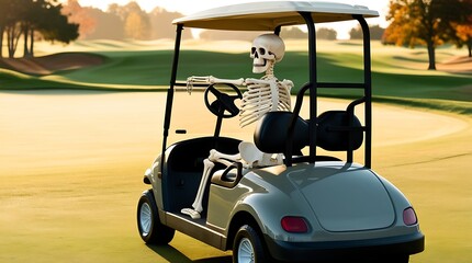 Humorous surreal image of a skeleton driving a golf cart on a golf course, blending spooky Halloween themes with sports, humor, and outdoor scenery in a creative and playful concept

