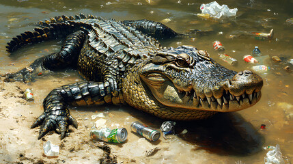 Obraz premium crocodiles in rivers of waste and plastic waste