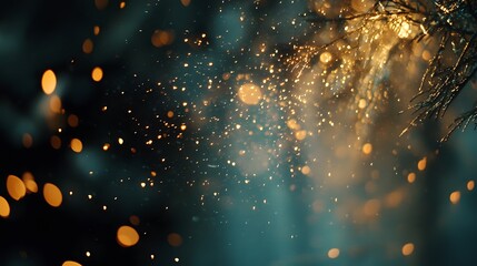 fond lumineux abstrait avec des bokeh dorés et bleus dans l'obscurité, représentant la magie et l'illumination effets lumineux. - Noël, fêtes de fin d'année décembre janvier,
