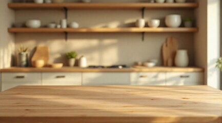 A clean wooden kitchen table with a sharp focus in the foreground, with a modern minimalist kitchen faintly visible in the background.