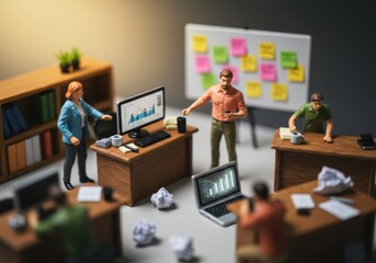 Miniature Office Meeting with Top-Down Sunlight