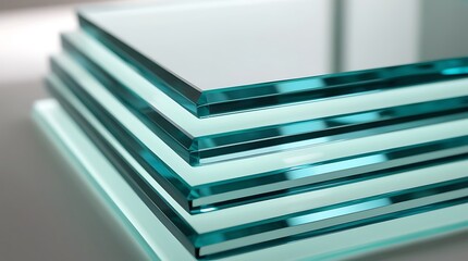 Stack of transparent tempered glass sheets with a greenish tint, symbolizing modern architecture, construction materials, industrial design, safety glazing, and high-quality manufacturing

