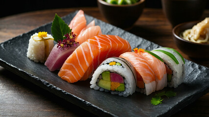 Salmon sashimi on aesthetic background.