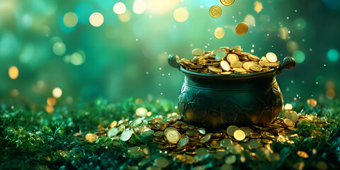 Gold Coins Spilling from a Leprechaun’s Pot for a Lucky St. Patrick’s Design