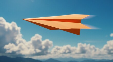 Orange paper airplane flying through the sky with clouds in a dynamic and artistic representation